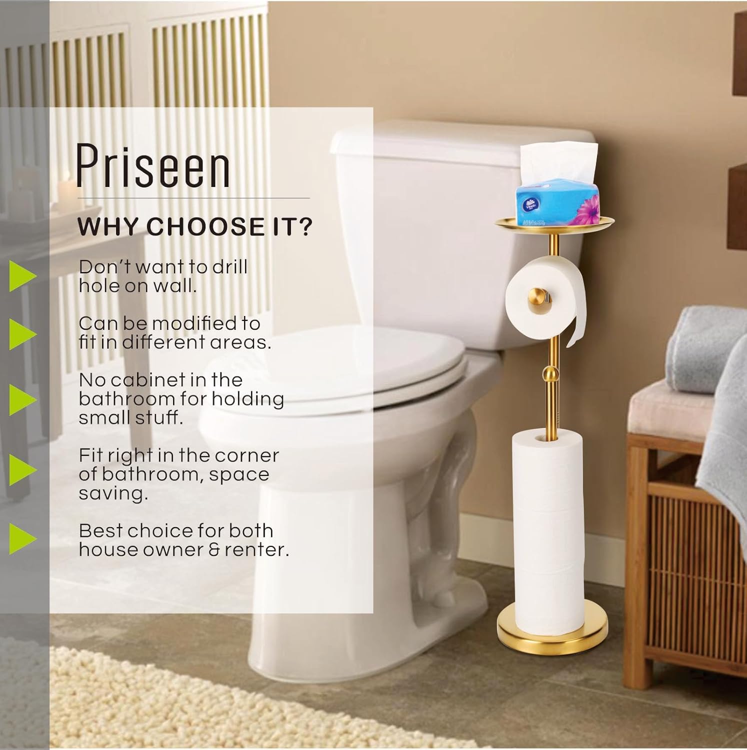 Toilet Paper Holder Stand with Phone  (Gold)